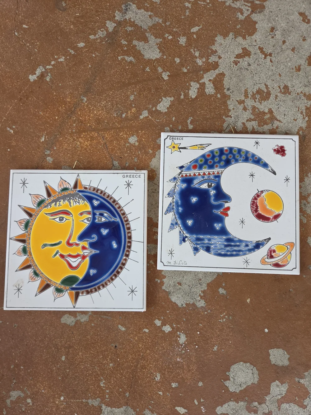 Sun and Moon Decorative Ceramic Tile Set from Geece - Blue & Yellow